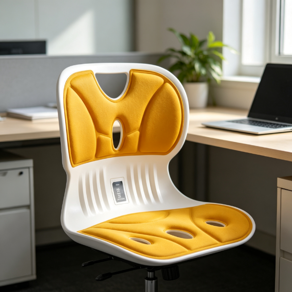 Yellow and white lumbar support cushion installed on office chair in workplace.
