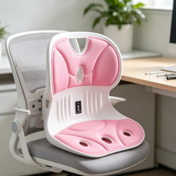 Pink and white lumbar support cushion attached to modular office chair back.