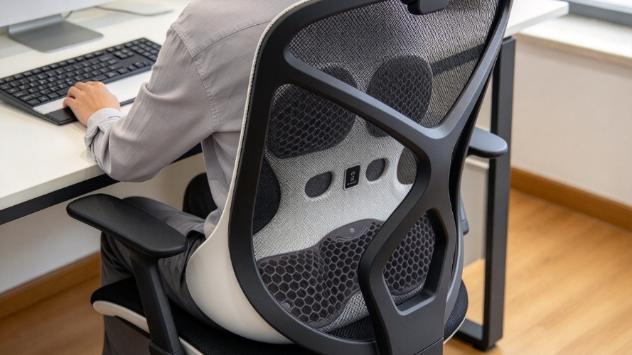 Waist support chair component installed inside office chair backrest with user sitting posture desk and keyboard background.